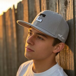 Gray snap back with black and white stitching