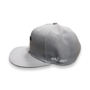 Gray snap back with black and white stitching