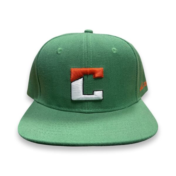 Green Snapback Cap With White & Orange Stitch - Image 3