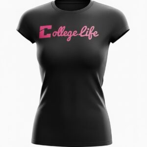 (Female) Cursive Logo T-Shirt. Black With Hot Pink Print.