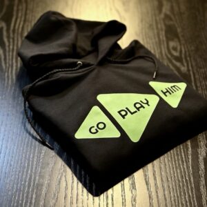 GO PLAY HIM (Male Hoodie) Black with Avocado print.
