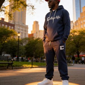 Cursive Logo Sweat Suit (Unisex) 9pm Blue With White Embroidered Logo