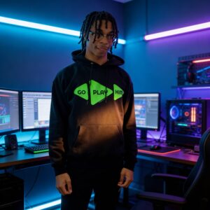GO PLAY HIM (Male Hoodie) Black with Avocado print.