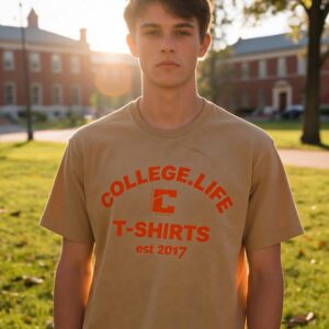 Official Varsity Print Style T-Shirt. Light Coffee/Tangerine Print (Unisex)