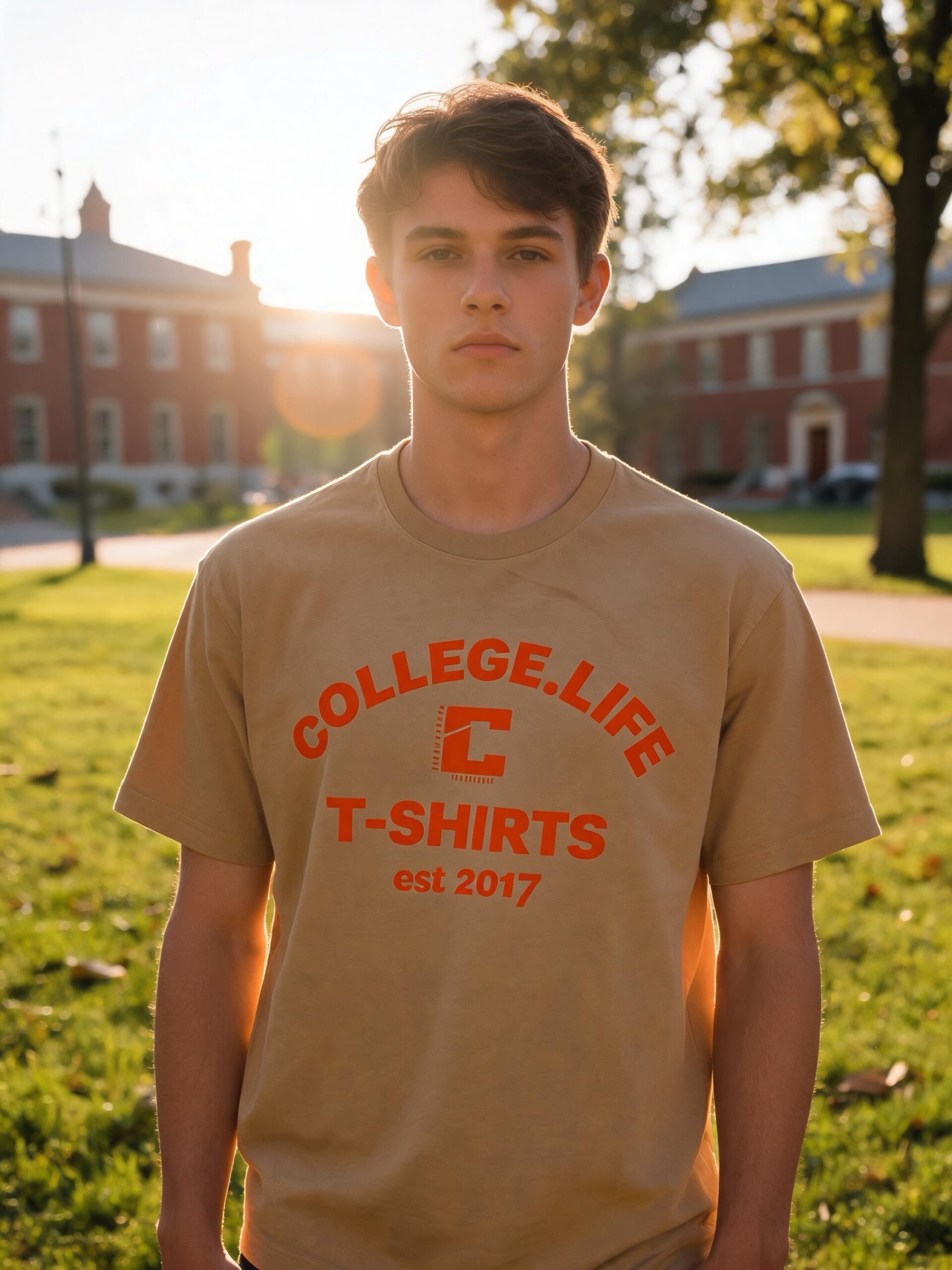Official Varsity Print Style T-Shirt. Light Coffee/Tangerine Print (Unisex)